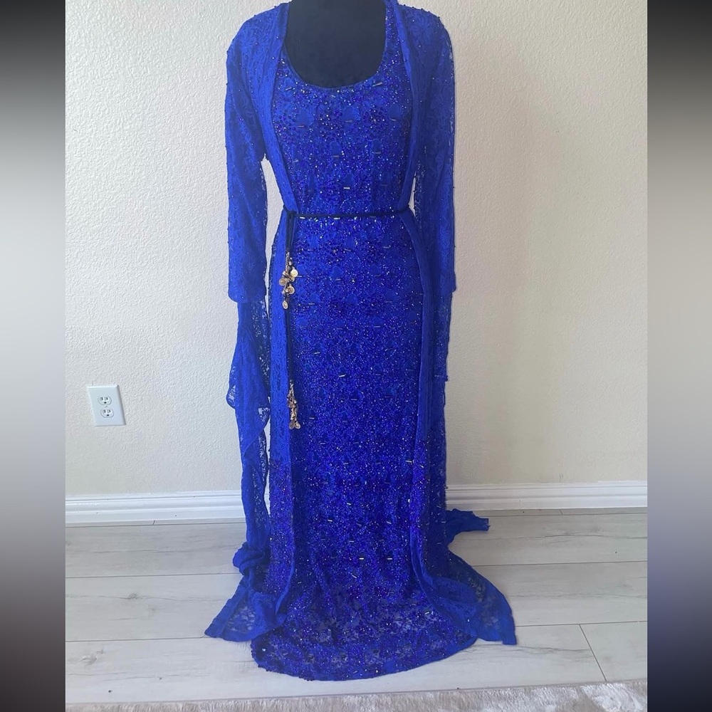 Royal Blue Beaded Kurdish Dress with Lace Overlay